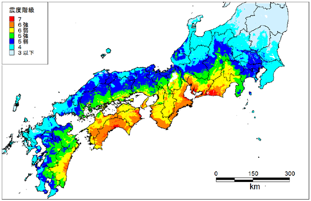 南海トラフ巨大地震で想定される震度