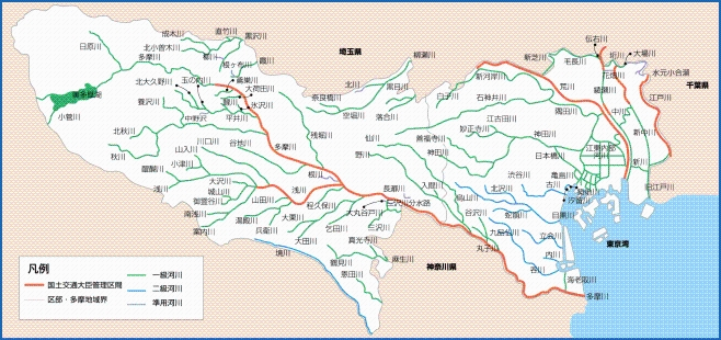 東京都東部に「荒川」「隅田川」など大きな河川が流れていることの図示